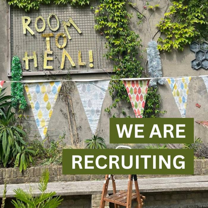 A picture of a garden, we see some colourful bunting with a step ladder beneath. Behind this we see a long bench along a wall, with plants growing up the wall. There is a metal grate high up the wall with gold letters reading 'Room to Heal'. In front of the image are the words 'WE ARE HIRING' in white text on a green text box.